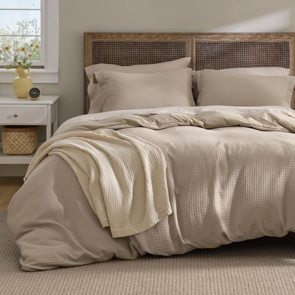 Bedsure Waffle Duvet Cover Full/Queen Size - 100% Cotton Beige Khaki 83 x 86